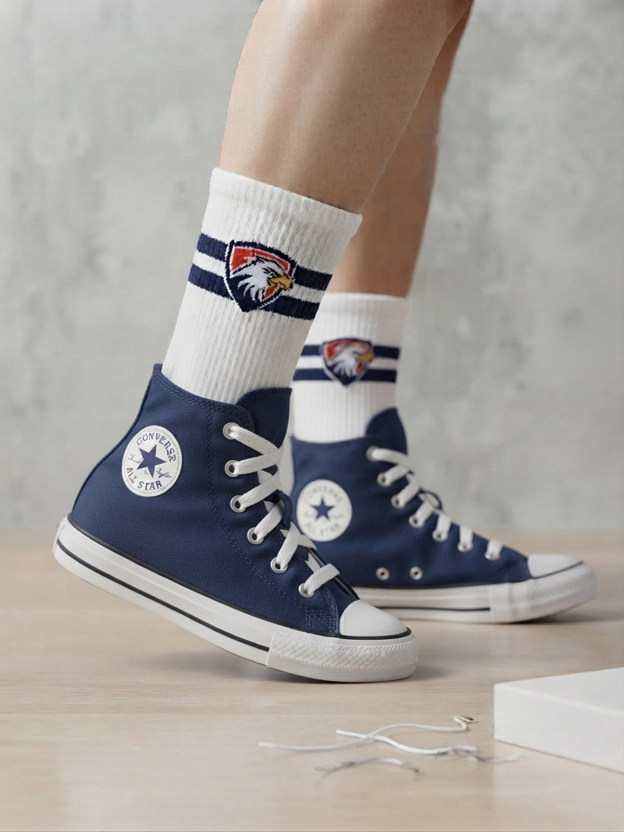 Eagles Crest Crew Socks – White/Navy Stripe