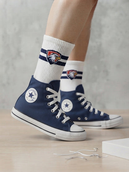 Eagles Crest Crew Socks – White/Navy Stripe