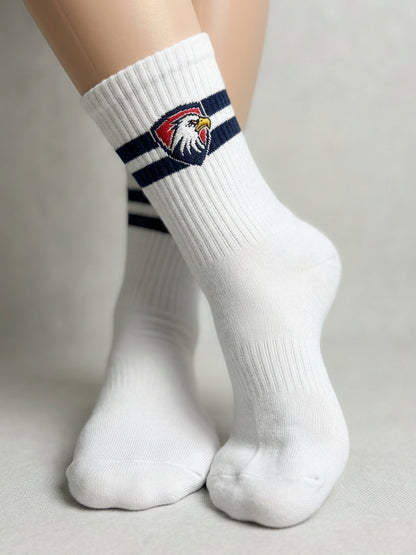Eagles Crest Crew Socks – White/Navy Stripe