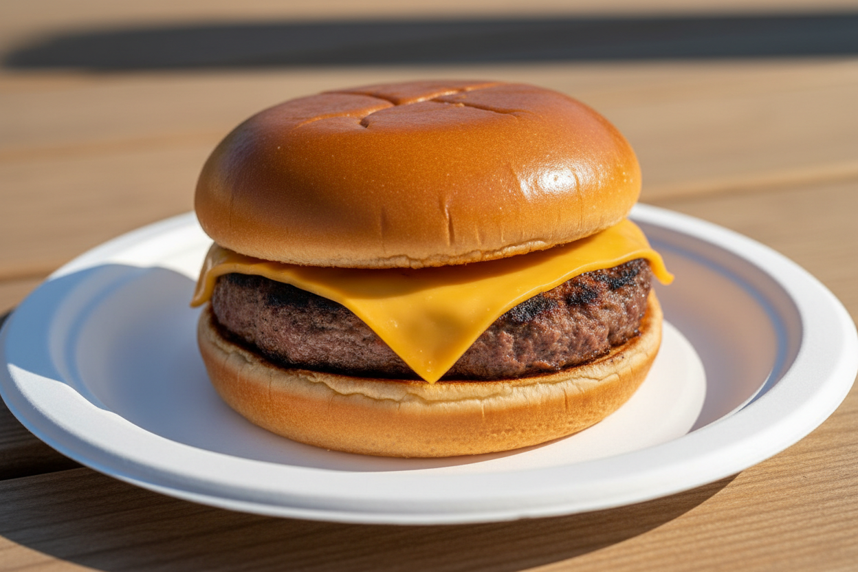 plain grilled cheesburger on a paper plate